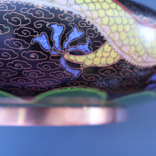 Load image into Gallery viewer, LARGE Antique Chinese Cloisonne Shallow Bowl with Five-Toed Dragon and Flaming Pearl. 10 inches
