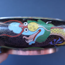 Load image into Gallery viewer, LARGE Antique Chinese Cloisonne Shallow Bowl with Five-Toed Dragon and Flaming Pearl. 10 inches
