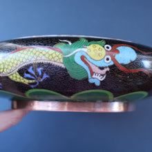 Load image into Gallery viewer, LARGE Antique Chinese Cloisonne Shallow Bowl with Five-Toed Dragon and Flaming Pearl. 10 inches
