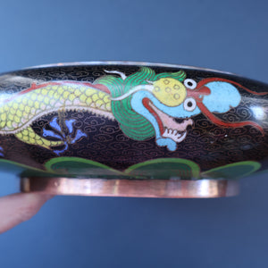LARGE Antique Chinese Cloisonne Shallow Bowl with Five-Toed Dragon and Flaming Pearl. 10 inches