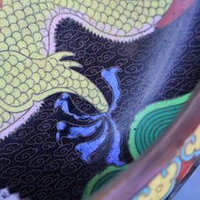 Load image into Gallery viewer, LARGE Antique Chinese Cloisonne Shallow Bowl with Five-Toed Dragon and Flaming Pearl. 10 inches
