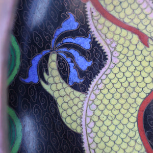 LARGE Antique Chinese Cloisonne Shallow Bowl with Five-Toed Dragon and Flaming Pearl. 10 inches
