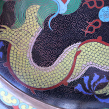 Load image into Gallery viewer, LARGE Antique Chinese Cloisonne Shallow Bowl with Five-Toed Dragon and Flaming Pearl. 10 inches
