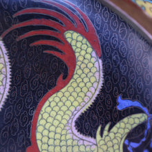 Load image into Gallery viewer, LARGE Antique Chinese Cloisonne Shallow Bowl with Five-Toed Dragon and Flaming Pearl. 10 inches
