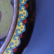 Load image into Gallery viewer, LARGE Antique Chinese Cloisonne Shallow Bowl with Five-Toed Dragon and Flaming Pearl. 10 inches

