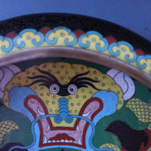 Load image into Gallery viewer, LARGE Antique Chinese Cloisonne Shallow Bowl with Five-Toed Dragon and Flaming Pearl. 10 inches
