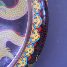 Load image into Gallery viewer, LARGE Antique Chinese Cloisonne Shallow Bowl with Five-Toed Dragon and Flaming Pearl. 10 inches
