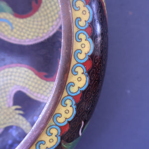 LARGE Antique Chinese Cloisonne Shallow Bowl with Five-Toed Dragon and Flaming Pearl. 10 inches