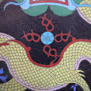 LARGE Antique Chinese Cloisonne Shallow Bowl with Five-Toed Dragon and Flaming Pearl. 10 inches