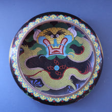 Load image into Gallery viewer, LARGE Antique Chinese Cloisonne Shallow Bowl with Five-Toed Dragon and Flaming Pearl. 10 inches
