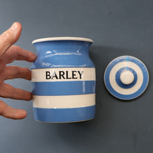 Load image into Gallery viewer, 1930s TG Green CORNISHWARE Lidded Storage Jar for BARLEY. 5 Inches in Height. Black Shield Mark
