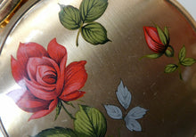 Load image into Gallery viewer, Vintage 1960s POWDER COMPACT with Red Rose and Wee Rose Bud. Gold Tone Background
