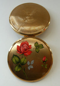 Vintage 1960s POWDER COMPACT with Red Rose and Wee Rose Bud. Gold Tone Background