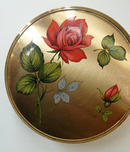Load image into Gallery viewer, Vintage 1960s POWDER COMPACT with Red Rose and Wee Rose Bud. Gold Tone Background
