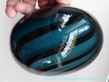 Load image into Gallery viewer, NEW ZEALAND Studio Glass by Katie Brown. Kingfisher Blue Bowl with Black Feathered Pattern
