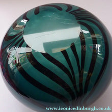 Load image into Gallery viewer, NEW ZEALAND Studio Glass by Katie Brown. Kingfisher Blue Bowl with Black Feathered Pattern
