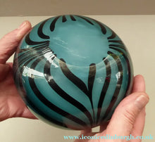Load image into Gallery viewer, NEW ZEALAND Studio Glass by Katie Brown. Kingfisher Blue Bowl with Black Feathered Pattern
