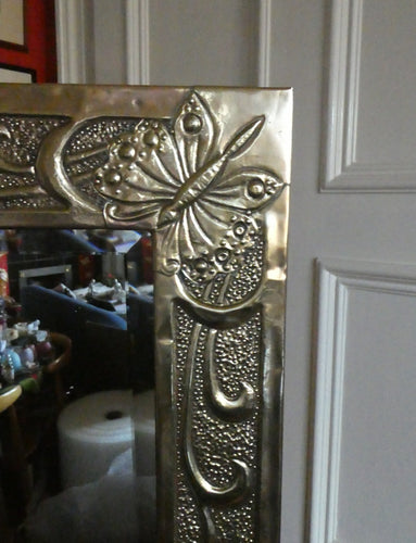 Antique Scottish School ART NOUVEAU Brass Mirror with Scrolls and Butterfly Decoration