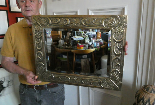 Antique Scottish School ART NOUVEAU Brass Mirror with Scrolls and Butterfly Decoration