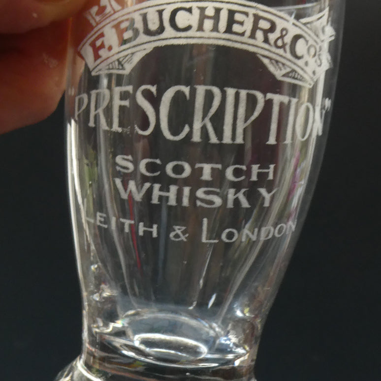 Rare 1890s Scottish Antique Whisky Dram Glass for Butcher & Co. Prescription Whisky LEITH & London