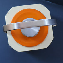 Load image into Gallery viewer, Vintage 1970s SPACE AGE Orange and White Sparklets Ice Bucket. Complete with Tongs in the Lid
