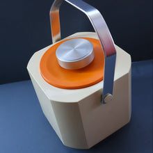 Load image into Gallery viewer, Vintage 1970s SPACE AGE Orange and White Sparklets Ice Bucket. Complete with Tongs in the Lid
