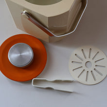 Load image into Gallery viewer, Vintage 1970s SPACE AGE Orange and White Sparklets Ice Bucket. Complete with Tongs in the Lid
