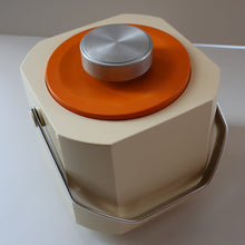 Load image into Gallery viewer, Vintage 1970s SPACE AGE Orange and White Sparklets Ice Bucket. Complete with Tongs in the Lid
