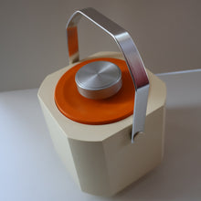 Load image into Gallery viewer, Vintage 1970s SPACE AGE Orange and White Sparklets Ice Bucket. Complete with Tongs in the Lid
