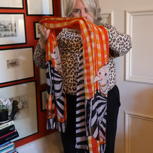 Load image into Gallery viewer, Vintage 2003 Long MOSCHINO Larioseta Como Olive Oyl Silk Scarf (with Original Orange Label)
