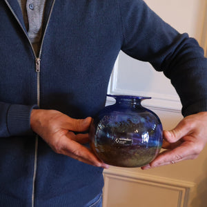 LARGE 1970s Isle of Wight Blue AURENE Globular Studio Glass by Michael Harris with Flame Pontil and Paper Label