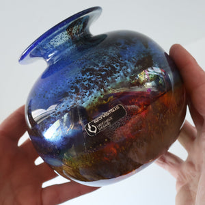 LARGE 1970s Isle of Wight Blue AURENE Globular Studio Glass by Michael Harris with Flame Pontil and Paper Label