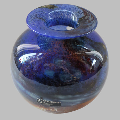 LARGE 1970s Isle of Wight Blue AURENE Globular Studio Glass by Michael Harris with Flame Pontil and Paper Label