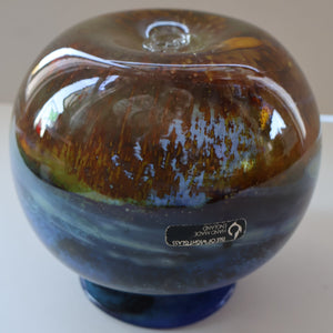 LARGE 1970s Isle of Wight Blue AURENE Globular Studio Glass by Michael Harris with Flame Pontil and Paper Label