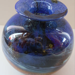 LARGE 1970s Isle of Wight Blue AURENE Globular Studio Glass by Michael Harris with Flame Pontil and Paper Label