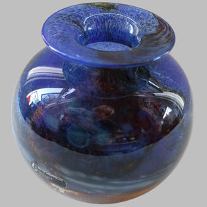 LARGE 1970s Isle of Wight Blue AURENE Globular Studio Glass by Michael Harris with Flame Pontil and Paper Label