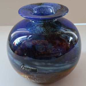 LARGE 1970s Isle of Wight Blue AURENE Globular Studio Glass by Michael Harris with Flame Pontil and Paper Label