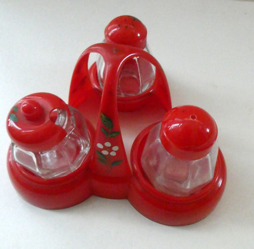 Vintage 1950s Red Plastic Atomic / Space Age Cruet Set with Stand