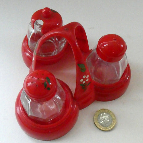 Vintage 1950s Red Plastic Atomic / Space Age Cruet Set with Stand