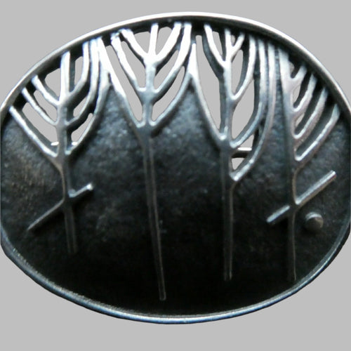 1990s OLA GORIE Silver Brooch: Ingibiorg Oval RUNIC Brooch with Pierced Tree Motif