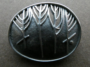 1990s OLA GORIE Silver Brooch: Ingibiorg Oval RUNIC Brooch with Pierced Tree Motif