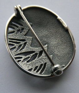 1990s OLA GORIE Silver Brooch: Ingibiorg Oval RUNIC Brooch with Pierced Tree Motif