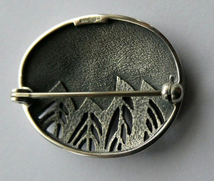 1990s OLA GORIE Silver Brooch: Ingibiorg Oval RUNIC Brooch with Pierced Tree Motif