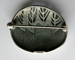 1990s OLA GORIE Silver Brooch: Ingibiorg Oval RUNIC Brooch with Pierced Tree Motif