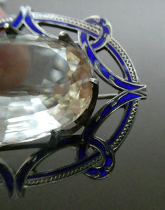 Antique Victorian Silver and Blue Enamel Brooch with Large Faceted Paste Stone