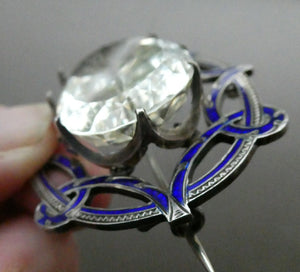 Antique Victorian Silver and Blue Enamel Brooch with Large Faceted Paste Stone