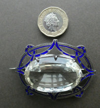 Load image into Gallery viewer, Antique Victorian Silver and Blue Enamel Brooch with Large Faceted Paste Stone
