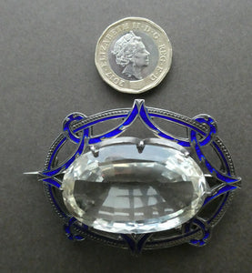 Antique Victorian Silver and Blue Enamel Brooch with Large Faceted Paste Stone