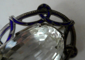 Antique Victorian Silver and Blue Enamel Brooch with Large Faceted Paste Stone