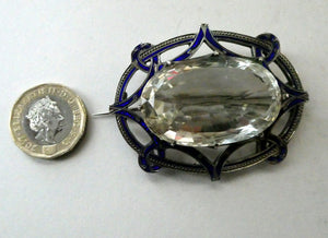 Antique Victorian Silver and Blue Enamel Brooch with Large Faceted Paste Stone